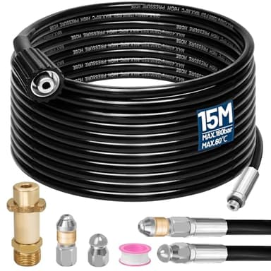 15M Rohrreinigungsschlauch Set,180Bar 60°C,inkl.Düsen starr + rotierend,1 Adapter kompatibel mit K2 K3 K4 K5 K6 K7 Hochdruckreiniger Universal Rohrreinigungsset