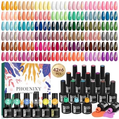 PHOENIXY 48 Stück U V Nagellack Set, 42 Farben Gel Nägel Set mit Unterlack und Überlack Glitter- und Gold-Effekten U V Gel Nagellack Gelnägel Starterset Geschenk für Frauen