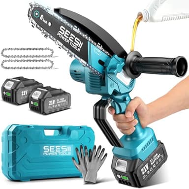 SEESII 6 Zoll Mini Akku Kettensäge mit 2 × 5000 mAh Akkus, Kettensäge mit automatischem Öler und handhaben, leichte säge geeignet für Baumbeschneidung, Holzschneiden und Gartenarbeit