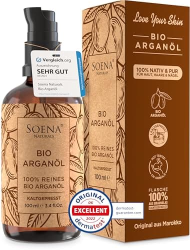ARGANÖL BIO KALTGEPRESST | 100% Rein | Für Haare Haut & Nägel | Pipette+Pumper | Original aus Marokko | 100ml im lichtgeschützten Braunglas | Für Kosmetik | Feuchtigkeitspflege von Soena