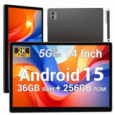 BEYNIVAN Tablet 14 Zoll Android 15 Tablette Tactile mit 5G WiFi, 36Go + 256Go / 11580mAh / 20W / 13 + 8MP / Octa-Core/Face ID/TÜV/GMS / BT5.0 / GPS/Tablet mit Gehäuse,Grau