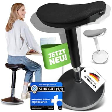 ergobalance Ergonomischer Bürohocker [2 Sitzpositionen] höhenverstellbarer Sattelhocker [43–63 cm] Sitzhocker für aktives Sitzen | Rutschfester Standfuß