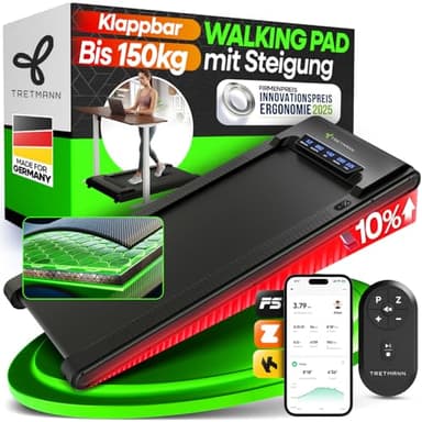NEU Tretmann Walking Pad mit Steigung klappbar – extra leise [LongLife Laufdeck] mit App bis 150 kg belastbar | Patent EMS-Filter | Walking Pad leise Laufband für Zuhause klappbar Walkingpad 150 kg