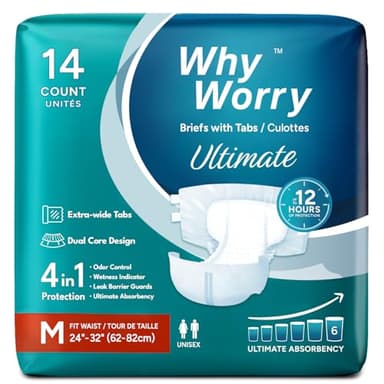 WhyWorry Ultimate Windeln für Erwachsene, Inkontinenz Slip für Frauen und Männer, Erwachsenen Windel mit ultimativ Saugfähigkeit, Auslaufschutz über Nacht, Unisex, Größe M, 14 Stück