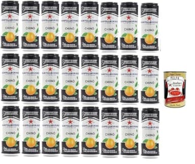 Sanpellegrino Chinò – 24 x 330 ml Dosen, italienisches Chinotto-Getränk, herb-süß, spritzig & erfrischend, perfekt auf Eis, Vorrat für Party & Alltag + Italian Gourmet polpa