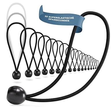 TALVANI 25 | 50 Profi Spanngummis mit Kugel - 200 mm schwarz weiß - Planenspanner Set zur Befestigung von Planen - Gummispanner für Trampolin, Anhängerplane, Zelt - Spanngummi Anhänger (25, Schwarz)