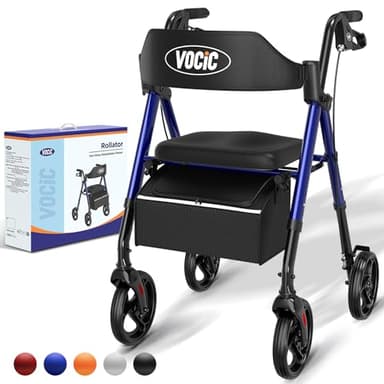 VOCIC Rollator Faltbar und Leicht mit Sit,Rollatoren Schmal für Wohnung,Rollatoren für Senioren Klappbar mit 20cm Reifen für All Gelände,Sitz und Griff Höhenverstellbar,5 Jahre Support|Saphirblau