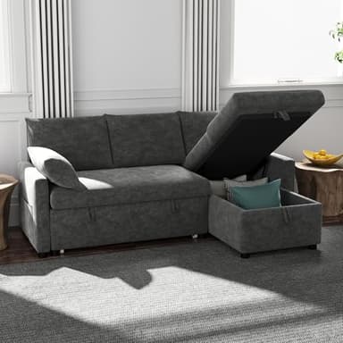 Winlice Ecksofa mit Schlaffunktion und Stauraum, 205cm L-Form Sofa 3-Sitzer, Ausziehbares Chenille Schlafsofa mit verschiebbarem Hocker für Wohnung und Wohnzimmer, Dunkelgrau