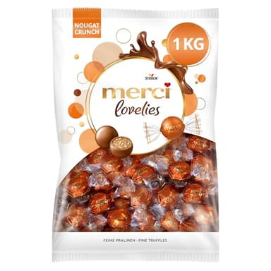 merci lovelies Nougat Crunch – 1 x 1000 g (68 Stück) – Pralinen aus Vollmilchschokolade mit Edel-Nougatfüllung mit Waffelstückchen – Schokokugeln im praktischen 1kg Vorratsbeutel