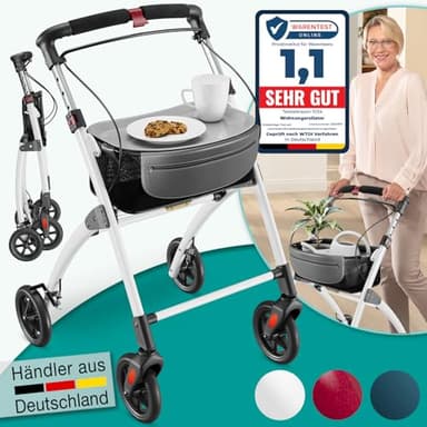 ELONEO Wohnungsrollator 54cm breit, faltbar und leicht, inkl. Tablett & Stoffkorb, Rollator schmal für die Wohnung, Indoor-Rollator, klappbar, Aluminium,Mobilität für Zuhause weiß