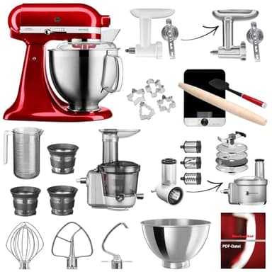 KitchenAid Artisan Küchenmaschine, 4,8 Liter, inkl. Zubehör, Fleischwolf, Gemüseschneider, Entsafter-Vorsatz, Backset inkl. Waage Liebesapfelrot Mega-Winter-Set
