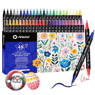 Artecho Acrylstifte Set 48 Farben, wasserfeste Dual Tip Acrylmarker mit 1 mm Feinspitze & 0,5-5 mm Pinselspitze, deckend für Steine, Glas, Holz, Keramik, Leinwand & DIY