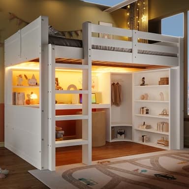 Moimhear Hochbett, Mit LED-Leuchten, Kleiderschrank und Schreibtisch, mit Schubladen und Staufächer, Ohne Matratze, Weiß (140x200cm)