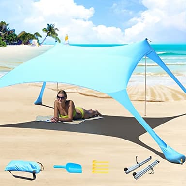 Cuupo Strandzelt, Pop-Up, 2x2.1 m, LSF 50, Lycra, Sonnenschutz, für den Außenbereich, Anti-Wind, Sonnenschutz mit Stabilitätsstangen, Hinterhof mit Stranddecke, Blau