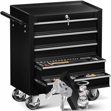 MASKO® Werkstattwagen - 5 Schubladen, Abschließbar | Massives Metall | Mobiler Werkzeug-Wagen ohne Werkzeug | Profi Werkstatt-Wagen unbestückt | Rollwagen zur Werkzeugaufbewahrung mit Schloss| Schwarz