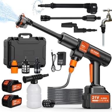 TOPALL Akku Hochdruckreiniger Pistole,Mini Mobiler Hochdruckreiniger Max 45 Bar/652PSI,High Pressure Cleaner,mit 2 * 4000mAh|8.5M Schlauch|6-in-1 Düse,Kabelloser Hydro Blast