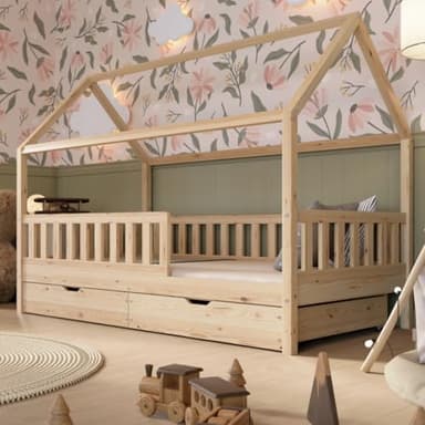 Crazy Pine Hausbett mit Schubladen 120x200 cm – Kinderbett aus Naturholz mit Rausfallschutz – Skandinavisches Design, Montessori Bodenbett mit zusätzlichen Stauraum - Crazy Blanco
