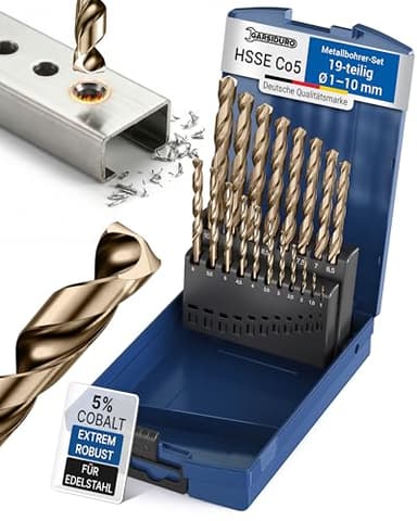 GARSIDURO® Metallbohrer Set HSS Cobalt 19tlg. | HSS-Co5 Profi Edelstahlbohrer 1-10mm | Selbstzentrierender Kobalt Spiralbohrer DIN 338 HSS CO Bohrerset für Edelstahl, Stahl, Eisen, Metall | Bohrer Set