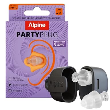 Alpine PartyPlug Gehörschutz Ohrstöpsel für Konzert, Festival, Musik, Party & Disco - Neu und Verbessert - 19dB Lärmschutz - Hohe Musikqualität, Wiederverwendbar, 3 Größen (S/M/L) - Transparent