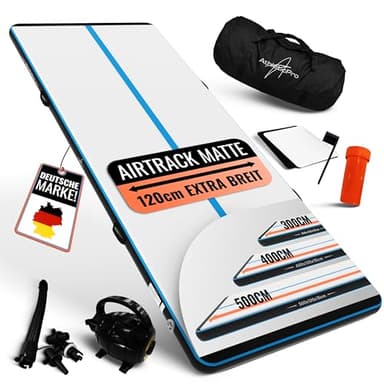 AthleticPro Airtrack Matte [3m/4m/5m Lang] - 120cm Extra Breit - 10/20cm Höhe - Aufblasbare Turnmatte für Bodenturnen & Akrobatik inkl. elektrischer Pumpe, Reparaturset & Tasche (400 x 120 x 10 cm)