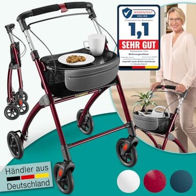 ELONEO Wohnungsrollator 54cm breit, faltbar und leicht, inkl. Tablett & Stoffkorb, Rollator schmal für die Wohnung, Indoor-Rollator, klappbar, Aluminium,Mobilität für Zuhause rot