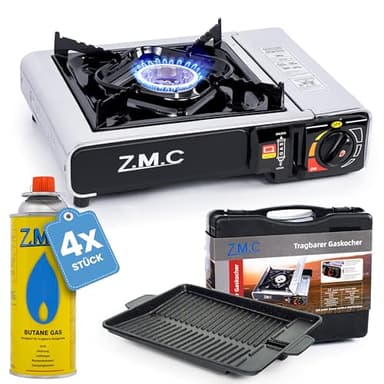 Z.M.C Edelstahl Gaskocher 1-flammig + Aufbewahrungskoffer + Grillplatte 33x26x4 cm, mit 4x Gaskartuschen 227g, Campingkocher für Outdoor und Innenraum, Campinggaskocher 2,2 kW, mit Piezozündung