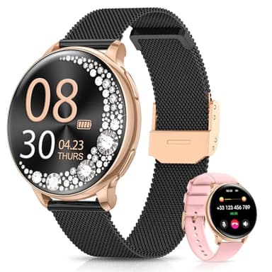 RUXINGX Smartwatch Damen, 1.27" Smart Watch Rund mit Telefonfunktion, 24H SpO2 Pulsuhr, Fitnessuhr mit Schlafmonitor, 126 Sportmodi Schrittzähler IP68 iOS Android, Geschenk Uhren Frauen Schwarz Gold