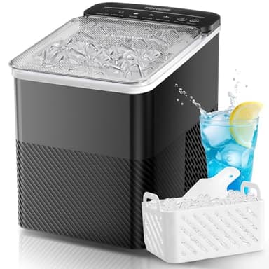 FOHERE Tragbare Eiswürfelmaschine – Selbstreinigend, 14 Kg/24h, 2 Größenwahl, Kompaktes Design, Ein-Knopf-Einstellung, Intelligente Warnungen, inkl. Schaufel & Korb für Home/Bar/Büro/Camping (Schwarz)