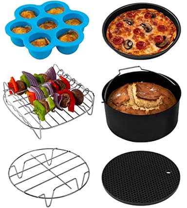 COSORI Heißluftfritteuse Zubehör, Sechsteiliges Zubehörset für 5,5L Fritteusen Air Fyer aller Marken, Backform, Pizza Pan, Grillrost, Dämpfen Rack, Silikonmatte, Muffinform