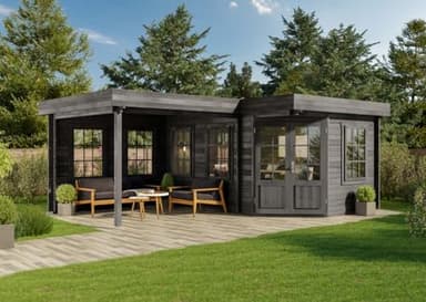 Alpholz 5-Eck Gartenhaus Pepe mit 40 mm Wandstärke inklusive Terrasse, 442 x 302 cm + 300 cm, Grau (Imprägniert)