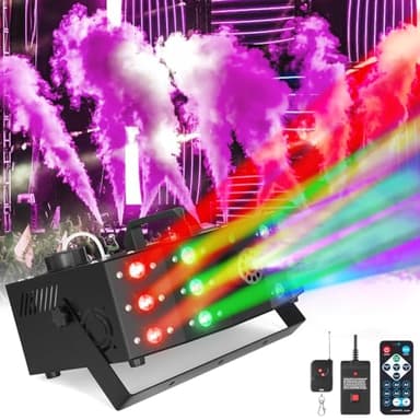 Hakuta Nebelmaschine, DMX Lichtstrahlen Rauchmaschine mit 12 LED bunten Lichtsteuerung & manuelle Steuerung & Fernbedienung Perfekt für Indoor Outdoor Hochzeit, Halloween, Party und Bühneneffekt