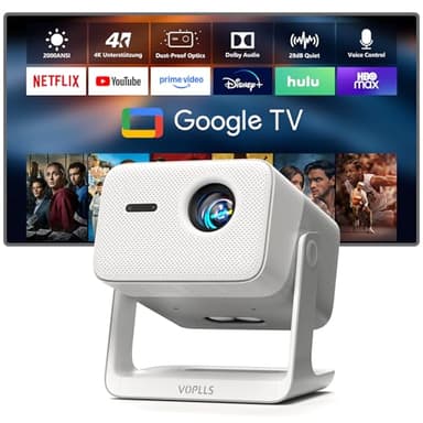 Smart Beamer【Google TV/Offizielle App】 VOPLLS 2000ANSI Tageslicht Beamer 4K Heimkino Autofokus & Trapezkorrektur Projektor mit Dolby Audio/HDR10+/2-Wege Bluetooth WiFi6 Outdoor Projector für Handy