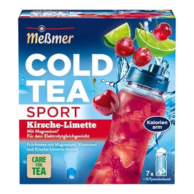 Meßmer Cold Tea Sport Kirsche-Limette | Früchtetee | Kaltaufguss mit Magnesium | ohne Zuckerzusatz | 14 Pyramidenbeutel