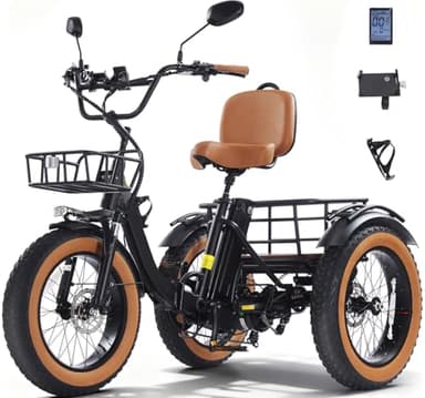KAKIGO Elektro-Dreirad Für Erwachsene,20”x4” Fat Tires,Aluminium Faltbares E-Bike,250W Motor,95 Nm,48V 15.6Ah Akku,20 Km/h, Vorder-&Hinterkorb,Differenzial,90Km Reichweite