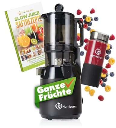 Nutrilovers Slow Juicer NUTRI-PRESS MAX Ganze Früchte entsaften Entsafter mit XXL 135 mm Öffnung, BPA-frei inkl. Saft-Flasche, Slow Juice Rezeptbuch