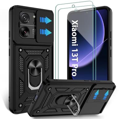 Jshru Hülle für Xiaomi 13T Pro/13T Handyhülle Slide Kameraschutz mit 2 Stück Schutzfolie Militärqualität Fallschutz Stoßfest Schutzhülle,360° Ring Ständer Gepanzerte Case,Schwarz