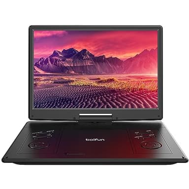 Tragbarer DVD-Player (15,7 Zoll) mit 14,1 Zoll großem HD-Bildschirm, 6 Stunden Akkulaufzeit, unterstützt USB/SD-Karte/Sync-TV und mehrere Disc-Formate, Doppellautsprecher, Schwarz, Boifun