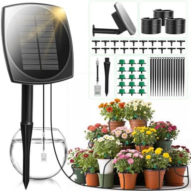 Solar Bewässerungssystem, 15M Tropfschlauch, Automatische BewäSserung für Balkon, Garten, Kübelpflanzen, Greenhouse Pflanzen, Automatische Bewässerung mit 12 Timer-Modi.