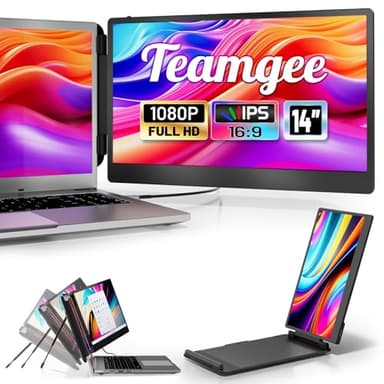 Teamgee Laptop Monitor erweiterung, 14" FHD 1080P IPS Portable Monitor für Laptop, Eingebauter Stand/Lautsprecher, Dual Screen für 13“-17“ Laptops, Plug & Play Geeignet für Mac, Wins, Android