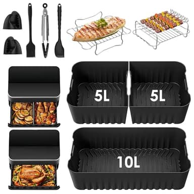 Heißluftfritteuse Zubehör für COSORI Dual Blaze TwinFry 10L, 1 x 10 l + 2 x 5 l Wiederverwendbar Silikonform Airfryer Heißluftfritteuse, Luftbratenkörbe, Grillregal, Zange Inklusive