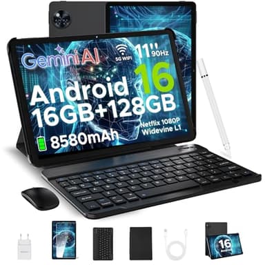 DOOGEE U11 Android 16 AI Tablet 11 Zoll, 16GB+128GB (2TB TF) Gaming Tablets, T7200 Octa Core, 8580mAh, Gemini AI, WiFi 5, 90Hz Display, 13MP+5MP, Tablet mit Tastatur, Maus,Stift,Hülle und Schutzfolie
