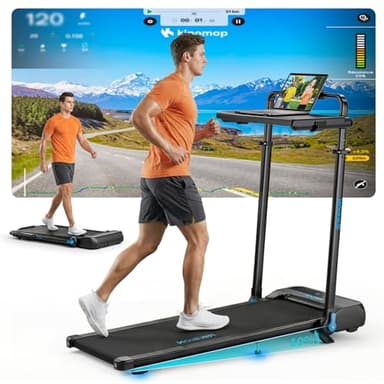 Laufband für Zuhause mit Neigung bis 14 km/h, Laufband Klappbar mit Schreibtisch-Workstation, LED-Anzeige, Fernbedienung und App-Steuerung, kompakte Walking Pad für Zuhause und Büro