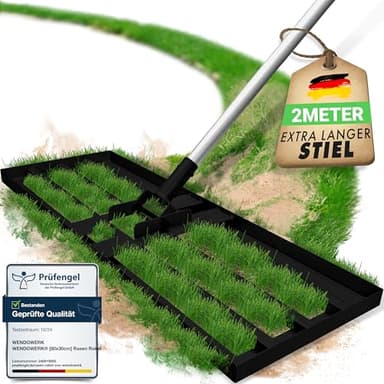 WENDOWERK® [80x30cm] Rasennevilierrechen Schwarz mit extra langem Stiel [2 Meter] Inkl. Gartenhandschuhe - Handlicher Rasen Nivellierrechen mit abgerundeten Kanten & Stecksystem - Rakel für Rasen