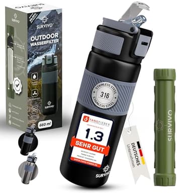 SURVIVO® Wasserfilter Outdoor Flasche [660ml] Trinkflasche aus Edelstahl mit entnehmbarem Filter, 4000l Filterkapazität, Camping, Wandern, Survival, Reisen – sicherste Ergänzung zur Outdoor Ausrüstung