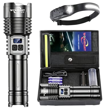 WOWNIGHT Taschenlampe LED Aufladbar 1,000,000 LM - 50W, 2 Schalter LED Taschenlampe Extrem Hell, 1600M Weitschuss-Starke Taktische Taschenlampe, Stufenlos Dimmbar Mit Stirnlampe For Outdoor Notfälle
