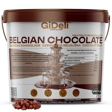 GiDeli Belgische Schokolade 500g in Eimer - Pralinen Chips, Schokodrops - Vollmilch-Kuvertüre - Perfekt für Schokofondue, Backen, schokobrunnen, Desserts & Glasuren