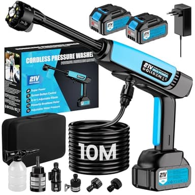 Akku Hochdruckreiniger,80 Bar 21V 2x4000mAh Akku 6-in-1 Multifunktions 180°Drehbare Düse 10M Schlauch,Mobiler Hochdruckreiniger Druckreiniger Akku Ohne Wasseranschluss für Auto Terrasse Hausreinigung