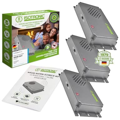 ISOTRONIC Mäusevertreiber 3er Set mit Ultraschall gegen Mäuse & Ratten | batteriebetriebener Mäuseschreck | für Keller, Dachböden, Garagen UVM. | tierschonend & sicher - 40 m² Wirkungsbereich