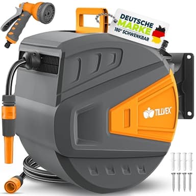 tillvex Schlauchtrommel Wasser mit Wandhalterung + Tragegriff | Schlauchaufroller mit Handbrause und Gartenschlauch | 180° Schwenkbar | Wand-Schlauchbox mit Aufroll-Automatik (Anthrazit/Orange, 30m)