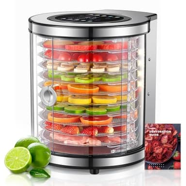 Dörrautomat Edelstahl mit 10 Etagen, Rotierender Dörrer mit 9 Programmen & LCD-Display, 35-75°C Temperaturregler & 48H Timer, Geräuscharmer 850W Fleischtrockner, Überhitzungsschutz